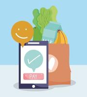 mercado en línea, pago por teléfono inteligente bolsa de papel entrega de alimentos en la tienda de comestibles vector
