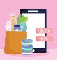 mercado en línea, botón de pago de pedido de bolsa de papel para teléfono inteligente, entrega de alimentos en la tienda de comestibles vector