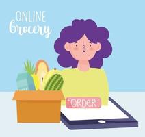 mercado en línea, mujer teléfono inteligente pedir comida en caja, entrega en la tienda de comestibles vector