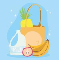 mercado en línea, bolsa de manzana de plátano con leche, entrega de alimentos en la tienda de comestibles vector