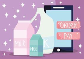 online market, smartphone milk boxes and bottle, food delivery in grocery store vector