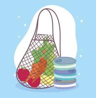 mercado en línea, bolsa ecológica con frutas y verduras, entrega de alimentos en la tienda de comestibles vector
