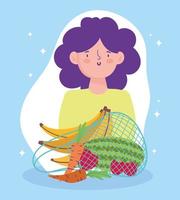 online market, woman banana carrot fresh food delivery in grocery store vector