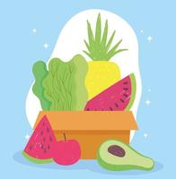 mercado en línea, caja de cartón con frutas vegetales entrega de alimentos frescos en la tienda de comestibles vector