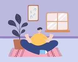 quedarse en casa, hombre en pose de meditación de yoga en la habitación, autoaislamiento, actividades en cuarentena por coronavirus vector