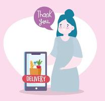 safe delivery at home during coronavirus covid 19, young woman with smartphone order online food market vector