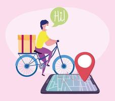 safe delivery at home during coronavirus covid 19, courier man with medical mask riding bike, smartphone gps navigation vector