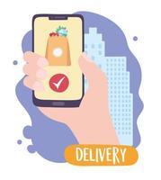covid 19 coronavirus pandemic, delivery service, smartphone online order grocery in city vector