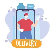 covid 19 coronavirus pandemic, delivery service, delivery man with mobile, wear protective medical mask vector