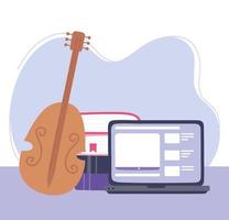 Instrumento de violín con laptop y pila de imagen de libros vector