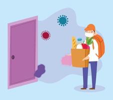 safe delivery at home during coronavirus covid 19, boy carrying grocery bag in door house cartoon vector