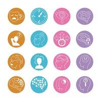 alzheimer disease, decrease in mental human ability icons set line style vector