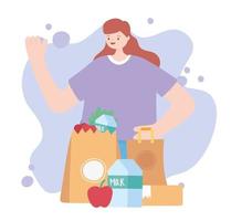 covid 19 coronavirus pandemic, delivery service, woman with grocery bag full food vector