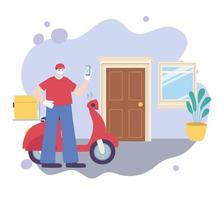 covid 19 coronavirus pandemic, delivery service, delivery man with smartphone and motorcycle, wear protective medical mask vector