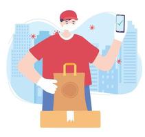 covid 19 coronavirus pandemic, delivery service, delivery man using smartphone with packages, wear protective medical mask vector