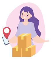 safe delivery at home during coronavirus covid 19, woman with smartphone and packages vector