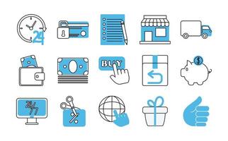 online shopping mobile marketing and e commerce icons set line and fill style vector