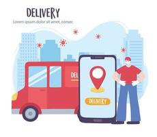 covid 19 coronavirus pandemic, delivery service, delivery man truck and smartphone, wear protective medical mask vector
