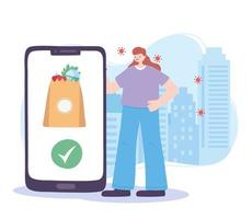 covid 19 coronavirus pandemic, delivery service, customer with smartphone and grocery bag vector