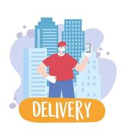 covid 19 coronavirus pandemic, delivery service, delivery man with smartphone street city, wear protective medical mask vector