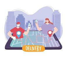 covid 19 coronavirus pandemic, delivery service, delivery man and customer with smartphone order tracking in map vector