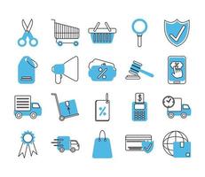 online shopping mobile marketing and e commerce icons set line and fill style vector