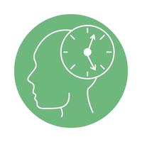 alzheimer disease, person in profile, clock time confusion, decreased human mental capacity color block style icon vector