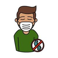 covid 19 coronavirus, man with medical mask prevent infection, spread outbreak disease pandemic flat style icon vector