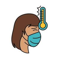 covid 19 coronavirus, woman with mask and fever, prevention spread outbreak disease pandemic flat style icon vector