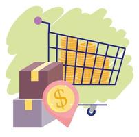 online payment, coins money in shopping cart delivery boxes, ecommerce market, mobile app vector