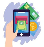 pago en línea, tarjeta de crédito con dinero en billetes de teléfono inteligente, compras en el mercado de comercio electrónico, aplicación móvil vector