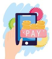 online payment, hand with smartphone coins pay button, ecommerce market shopping, mobile app vector