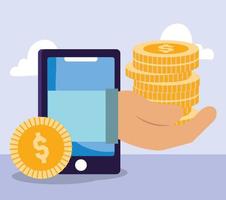 online payment, smartphone coins in hand, ecommerce market shopping, mobile app vector