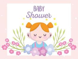 baby shower, cute little girl with flowers decoration cartoon, announce newborn welcome card vector