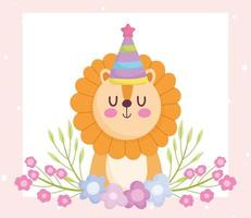 baby shower, lindo león con gorro de fiesta y dibujos animados de flores, anuncia la tarjeta de bienvenida del recién nacido vector
