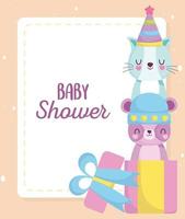 baby shower, bear and cat with hat in gift box, announce newborn welcome card vector