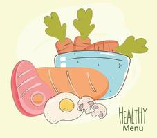 meat bread egg and bowl with carrots, fresh market organic healthy food with fruits and vegetables vector