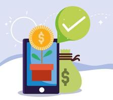online payment, smartphone coin plant money bag, ecommerce market shopping, mobile app vector