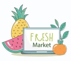 laptop and fruits fresh market organic healthy food vector