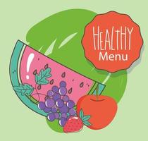 menu watermelon grapes apple strawberry fresh organic healthy food with fruits and vegetables vector