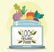 laptop fresh market organic healthy food with fruits and vegetables vector
