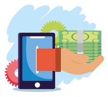 pago en línea, transferencia de dinero de billetes de teléfono inteligente, compras en el mercado de comercio electrónico, aplicación móvil vector