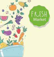 tazón de fuente de alimentos saludables orgánicos frescos del mercado con frutas y verduras vector