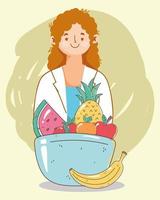 Plato médico dietista femenino con frutas, comida sana orgánica de mercado fresco vector