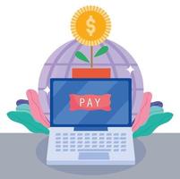 online payment, laptop world and potted plant coin, ecommerce market shopping, mobile app vector