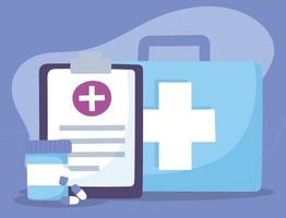 telemedicine, kit first aid medical report and medication treatment and online healthcare services vector