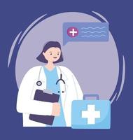 telemedicine, female doctor with kit first aid and stethocsope medical treatment and online healthcare services vector