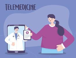 telemedicine, patient and doctor smartphone consultation medical treatment and online healthcare services vector
