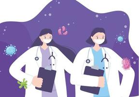 telemedicine, female doctors with protective mask, coronavirus spread, medical treatment and online healthcare services vector