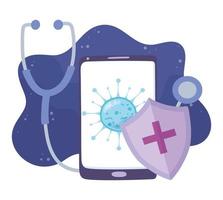 telemedicine, smartphone stethoscope and shield, coronavirus spread, medical treatment and online healthcare services vector